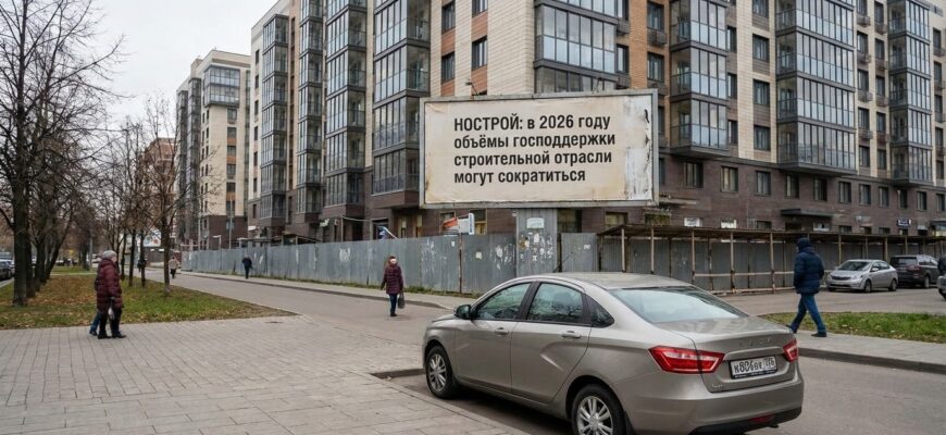 Строительная площадка и краны на фоне графика снижения финансирования: прогноз НОСТРОЙ по господдержке